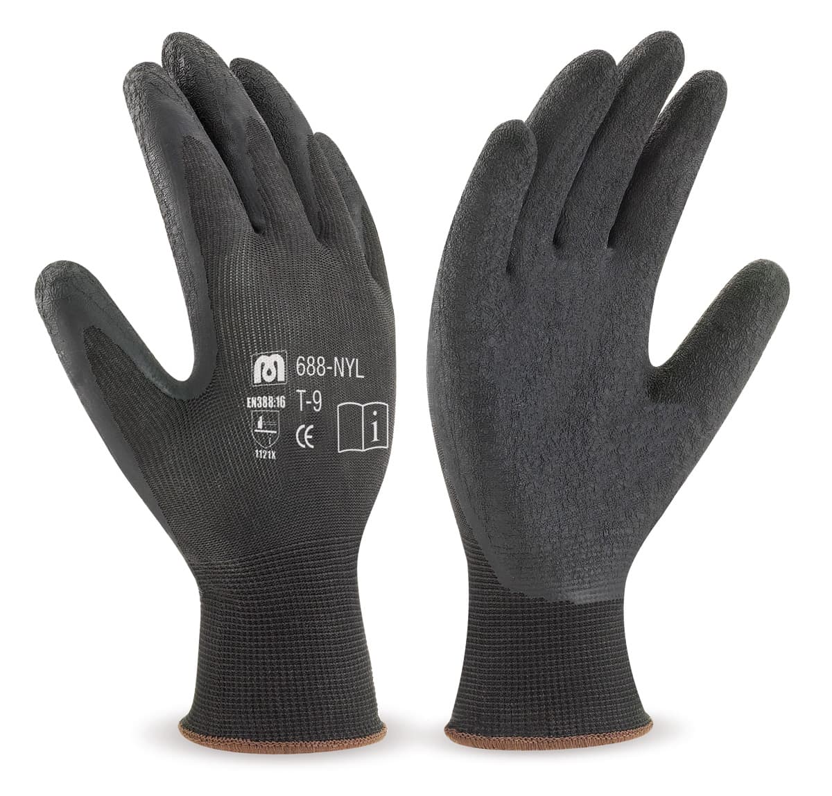 Luvas de nylon preto com palma revestida a látex