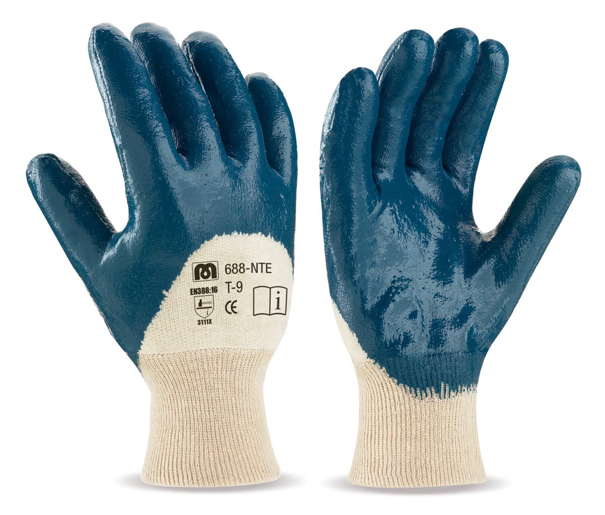 Luvas de nitrilo azul com suporte de malha de algodão